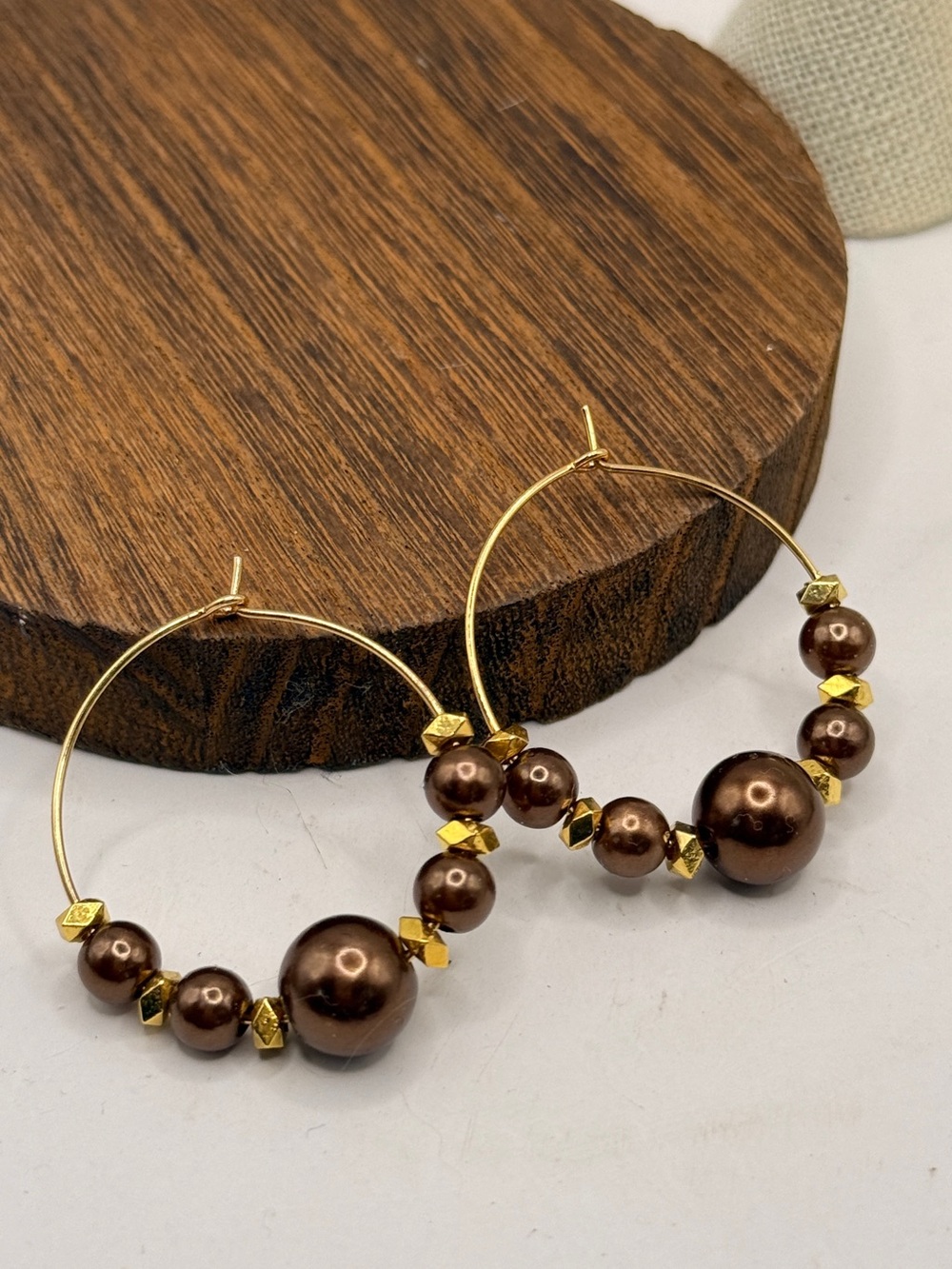 Gold with copper brown beaded Hoop Earrings